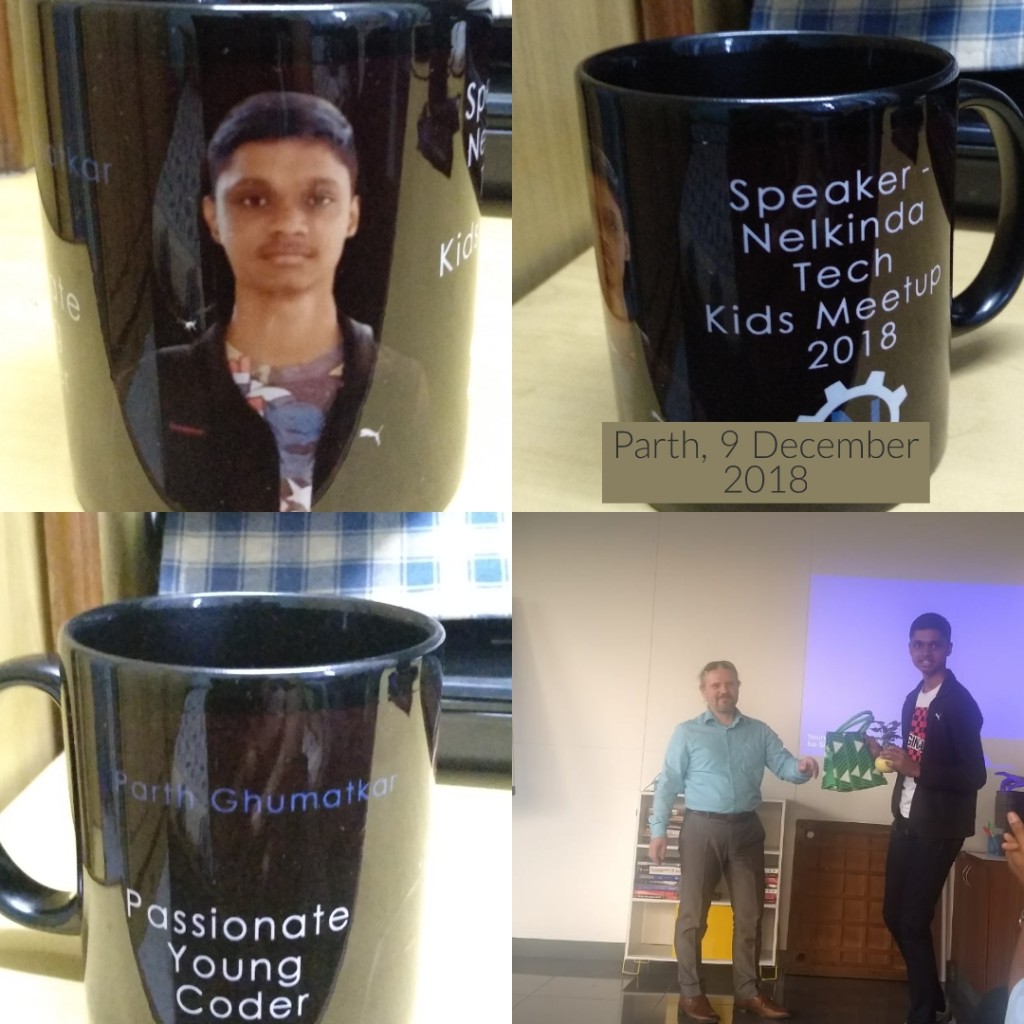 Speaker mug from Nelkinda Tech Kids Meetup 2018 showing Parth and event date
