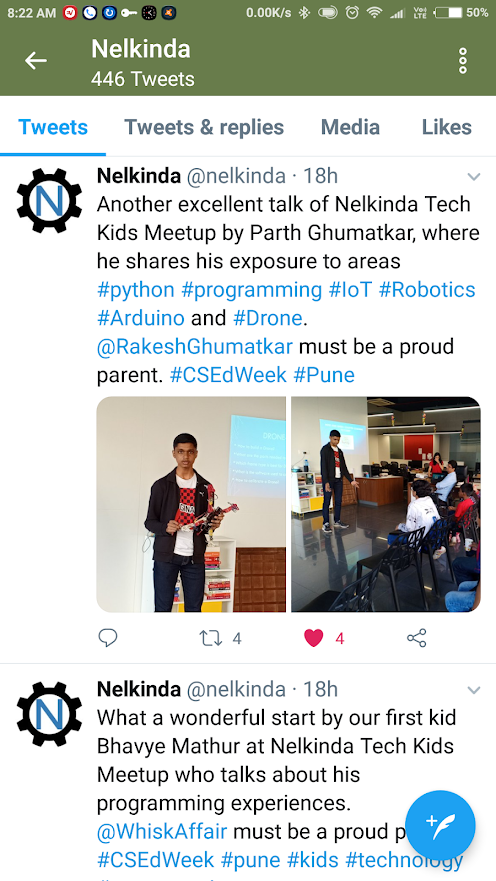 Nelkinda Twitter mention recognizing Parth Ghumatkar's Tech Kids Meetup talk in 2018